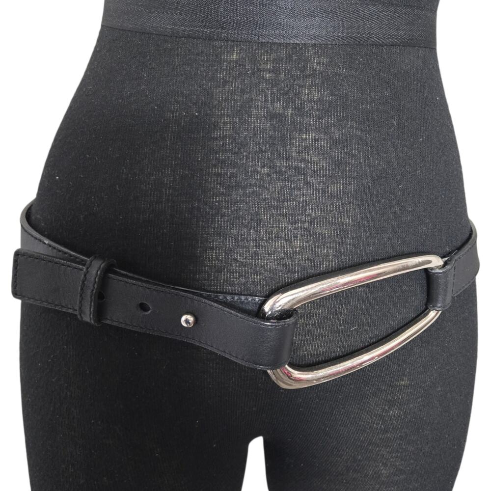 Vintage Express Leather Belt Black Sculptural Silver Buckle Peg Closure Medium